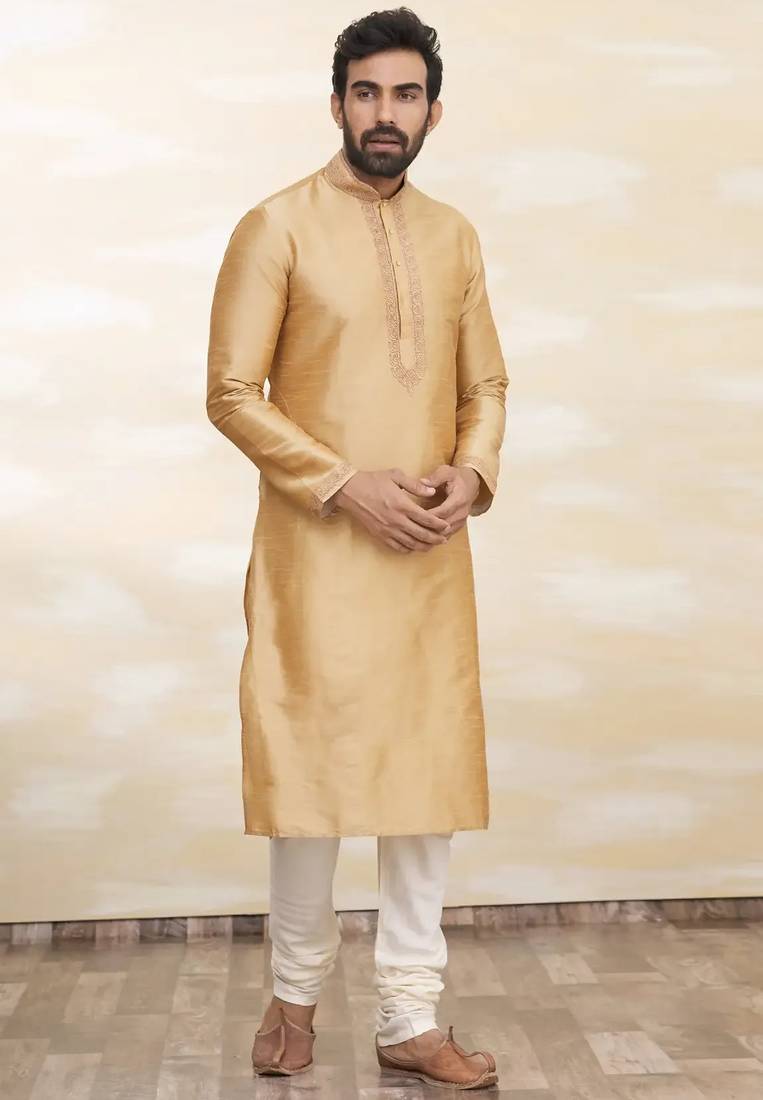 Gold art silk mens  kurta with churidar set