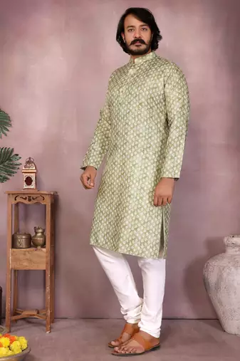 Green sequence work and print kurta and payjama