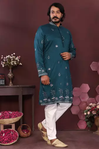 Dark green smart silk embroidery party wear kurta and payjama