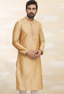 Gold art silk mens  kurta with churidar set 3