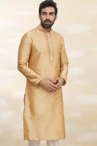 Gold art silk mens  kurta with churidar set