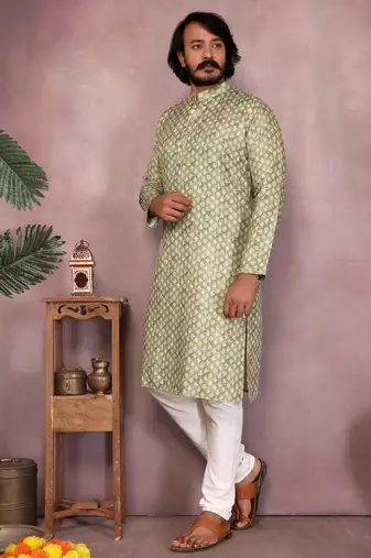 Green sequence work and print kurta and payjama