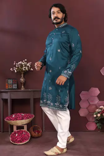Dark green smart silk embroidery party wear kurta and payjama