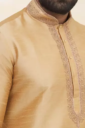 Gold art silk mens  kurta with churidar set