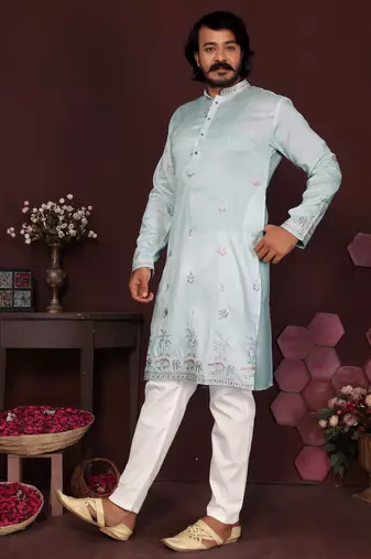 Peach smart silk embroidery party wear kurta and payjama