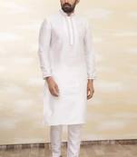 Off white art silk mens  kurta with churidar set