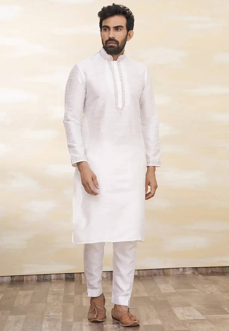 Off white art silk mens  kurta with churidar set