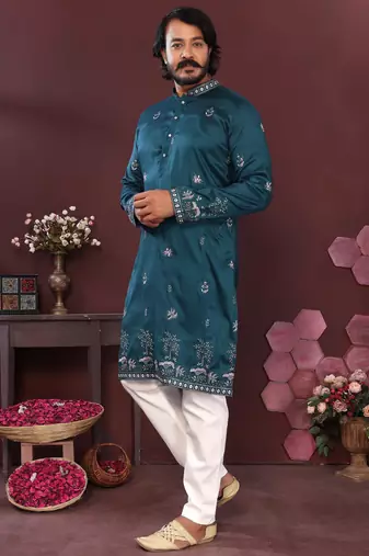 Dark green smart silk embroidery party wear kurta and payjama