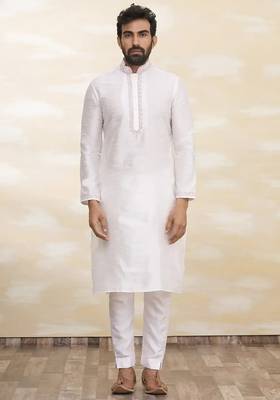 Off white art silk mens  kurta with churidar set 3