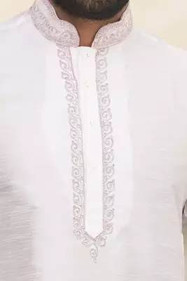 Off white art silk mens  kurta with churidar set 4