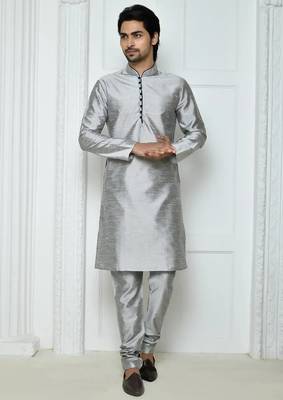 Grey  art silk mens  kurta with churidar set 1