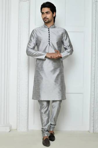Grey  art silk mens  kurta with churidar set