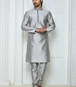 Grey  art silk mens  kurta with churidar set