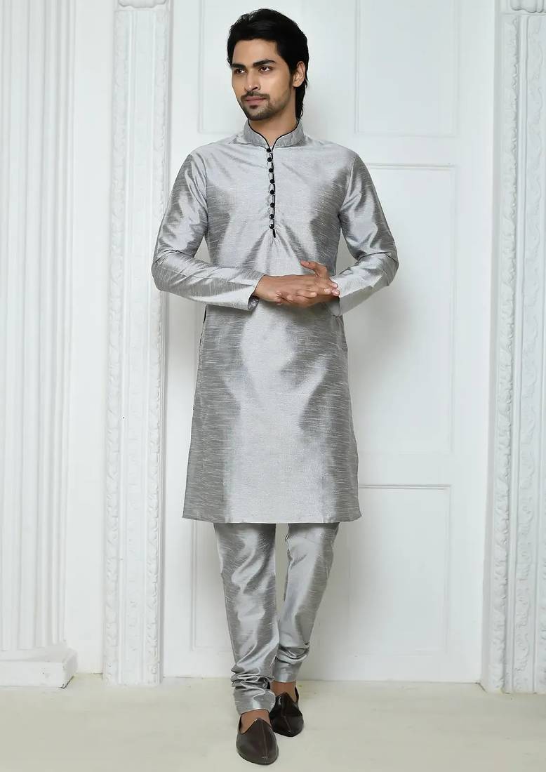 Grey  art silk mens  kurta with churidar set