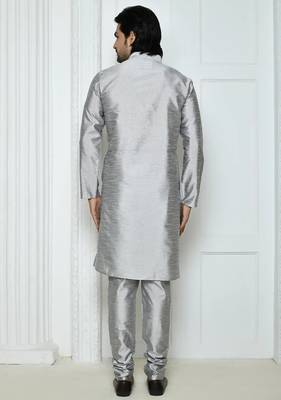 Grey  art silk mens  kurta with churidar set 2