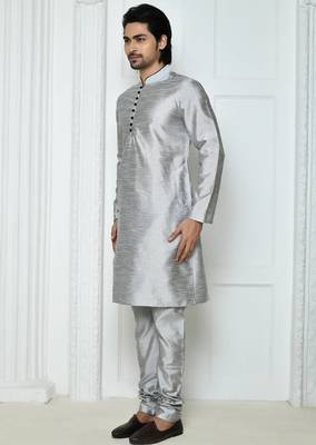 Grey  art silk mens  kurta with churidar set 3