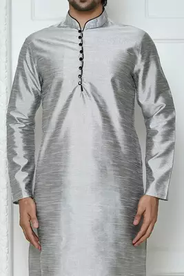 Grey  art silk mens  kurta with churidar set 4