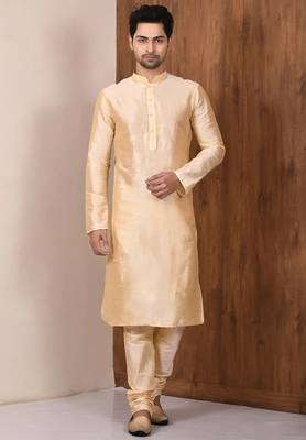 Fawn art silk mens  kurta with churidar set 1