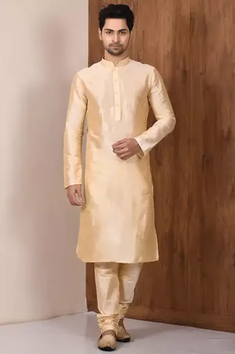 Fawn art silk mens  kurta with churidar set