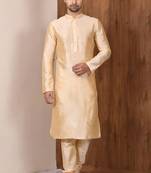 Fawn art silk mens  kurta with churidar set