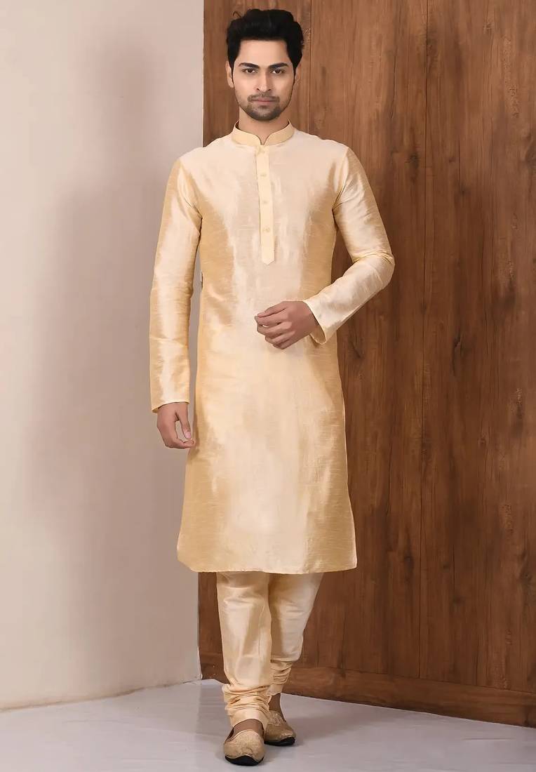 Fawn art silk mens  kurta with churidar set