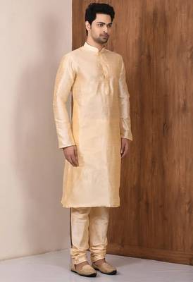 Fawn art silk mens  kurta with churidar set 3