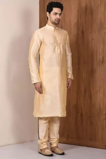 Fawn art silk mens  kurta with churidar set