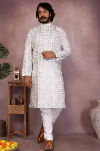 White cotton sequence work and print kurta and payjama