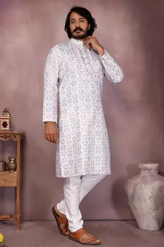 White cotton sequence work and print kurta and payjama