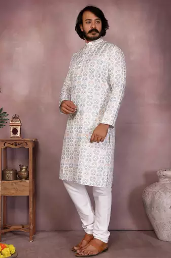 White cotton sequence work and print kurta and payjama