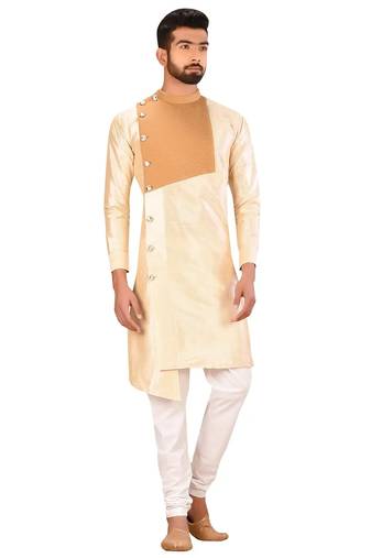 Fawn art silk mens  kurta with churidar set