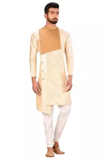 Fawn art silk mens  kurta with churidar set