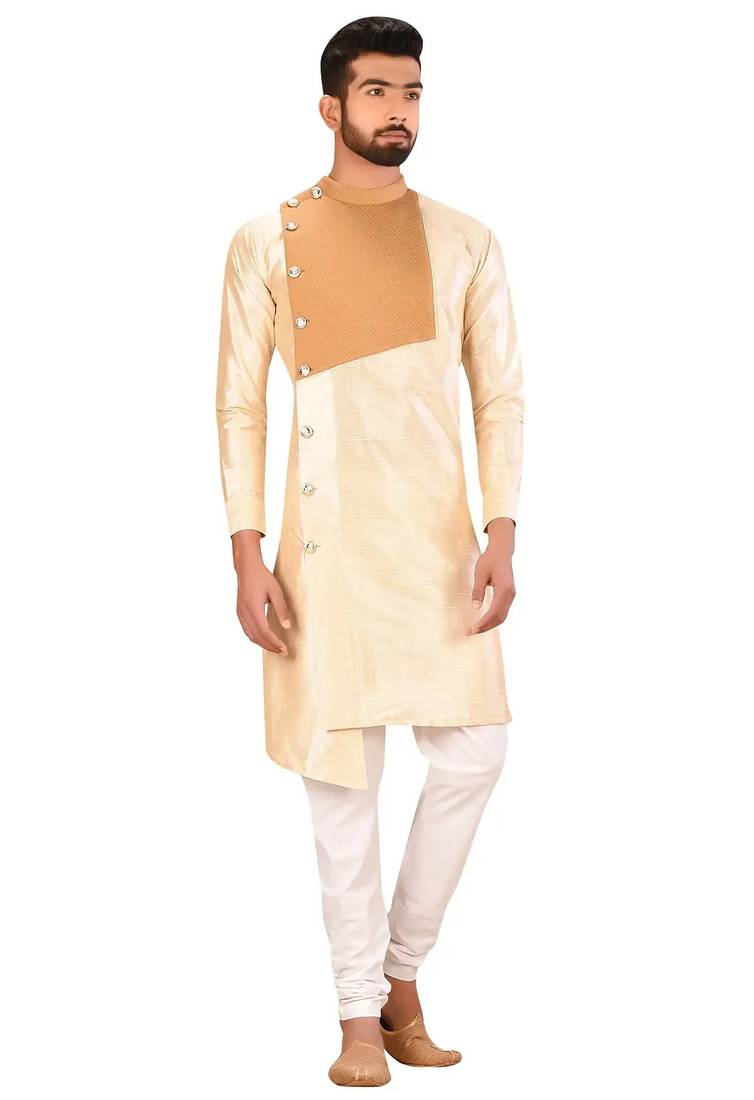 Fawn art silk mens  kurta with churidar set