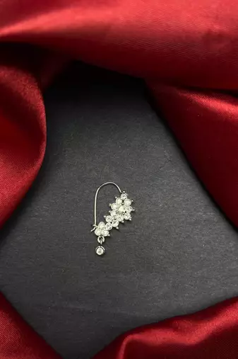 floral nath nose pin with cz stone, silver finish