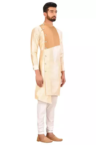 Fawn art silk mens  kurta with churidar set