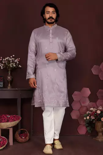 Peach smart silk embroidery party wear kurta and payjama