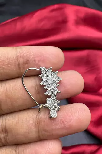 floral nath nose pin with cz stone, silver finish