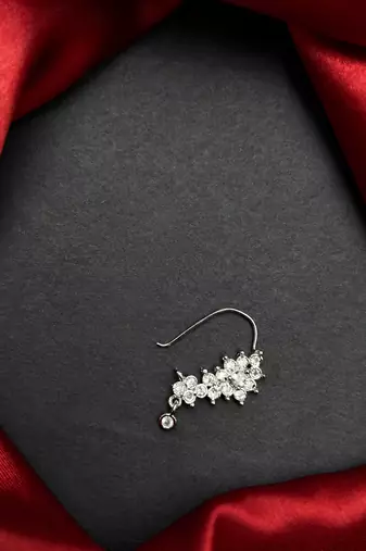 floral nath nose pin with cz stone, silver finish