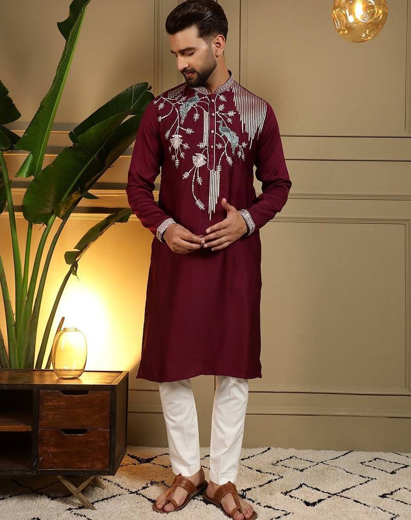 Maroon viscos embroidery print party wear kurta and payjama