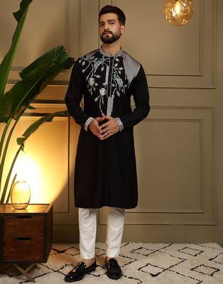 Black viscos embroidery print party wear kurta and payjama 1