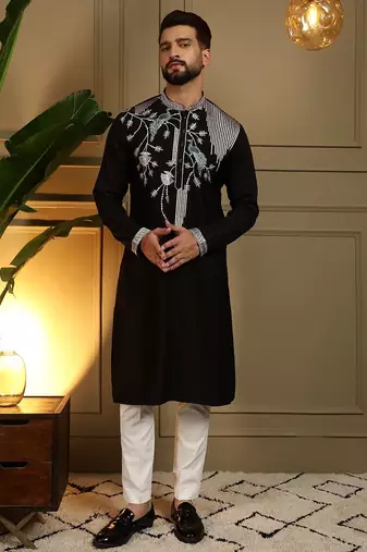 Black viscos embroidery print party wear kurta and payjama