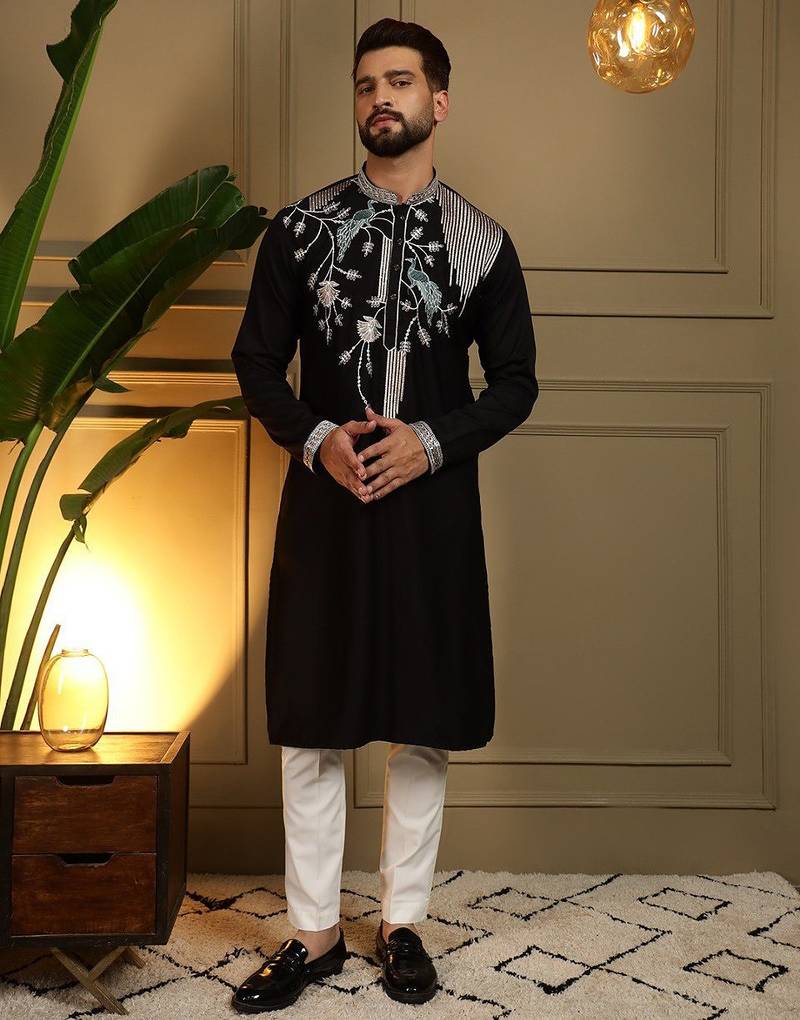 Black viscos embroidery print party wear kurta and payjama