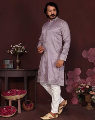 Peach smart silk embroidery party wear kurta and payjama 2