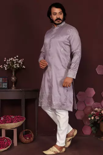 Peach smart silk embroidery party wear kurta and payjama