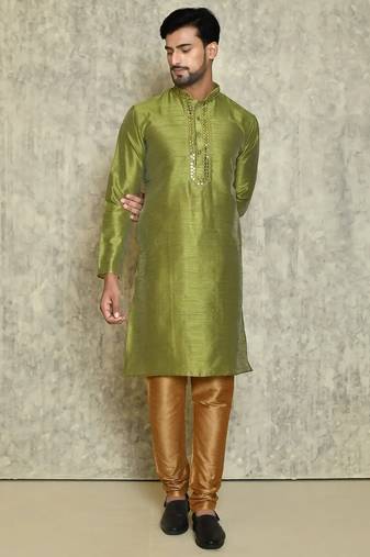 Green  art silk mens  kurta with churidar set