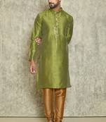 Green  art silk mens  kurta with churidar set