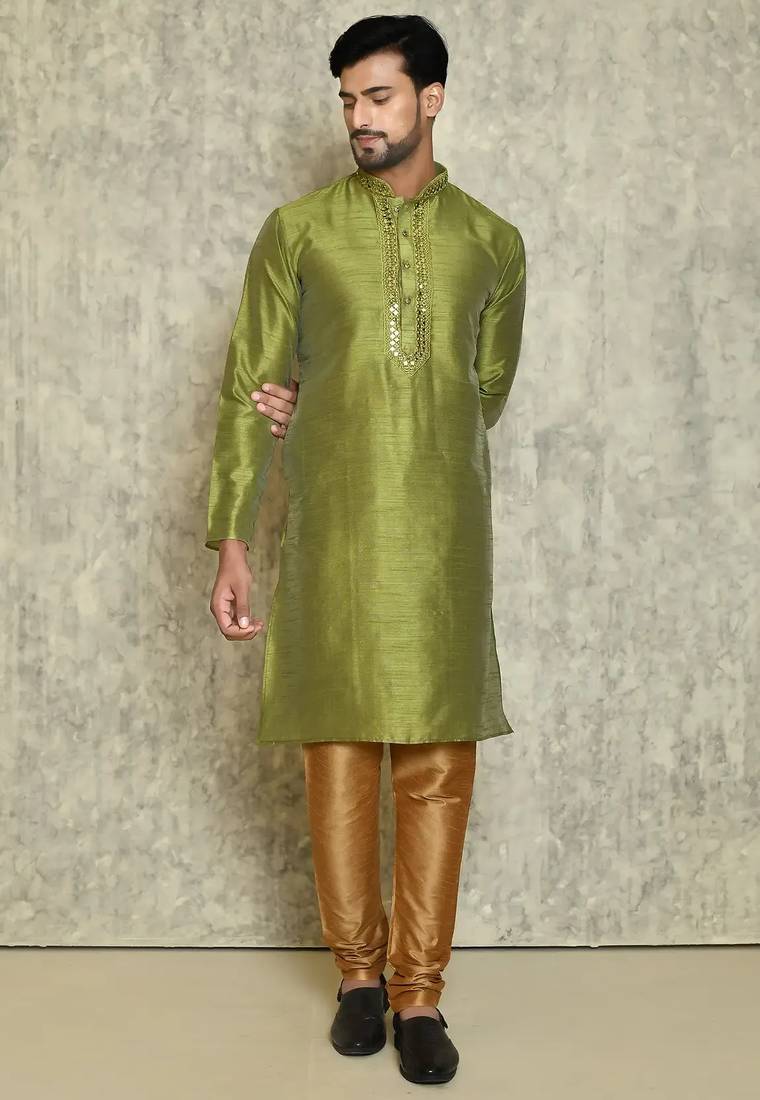 Green  art silk mens  kurta with churidar set