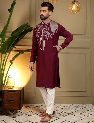 Maroon viscos embroidery print party wear kurta and payjama 2