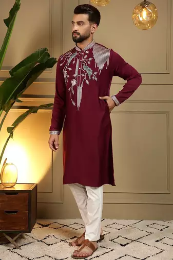 Maroon viscos embroidery print party wear kurta and payjama