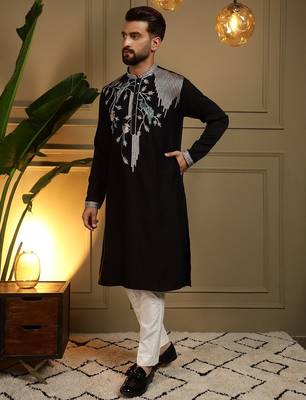 Black viscos embroidery print party wear kurta and payjama 2
